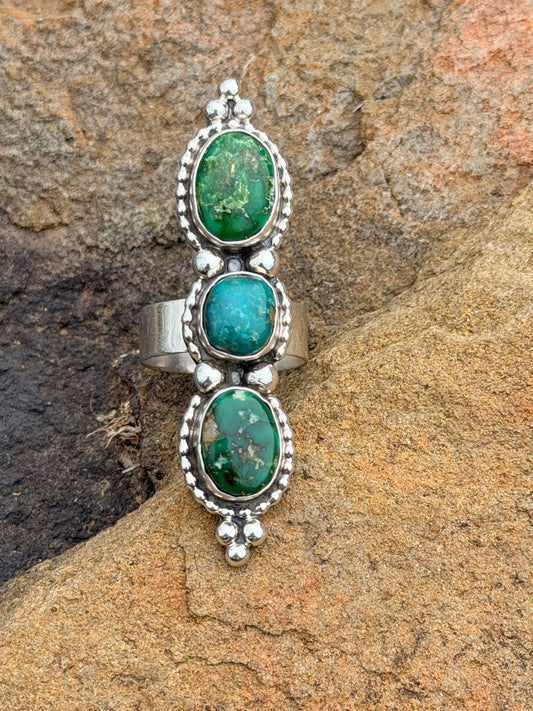 Authentic Native American Navajo Sterling Silver Sonoran Gold 3 Stone Ring size 7 by Shelia Becenti