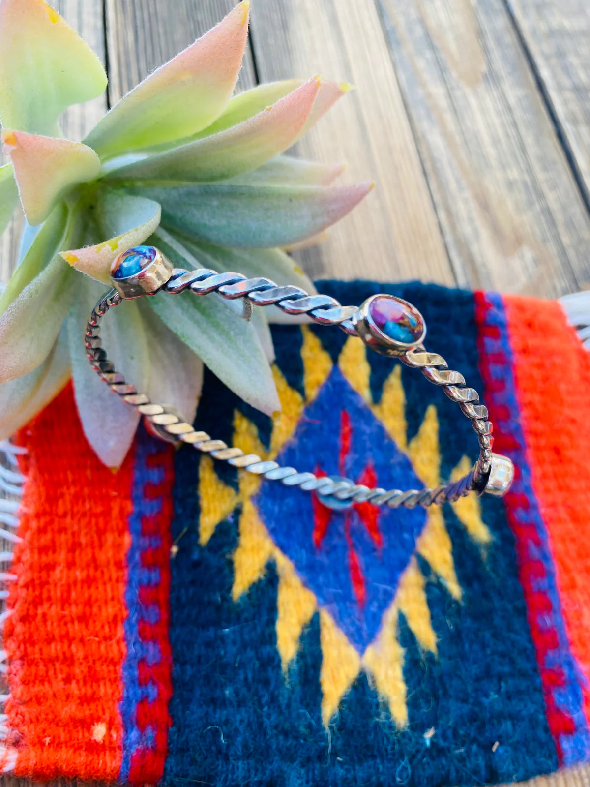 HANDCRAFTED TWISTED STERLING SILVER & PINK DREAM MOHAVE BANGLE BRACELET