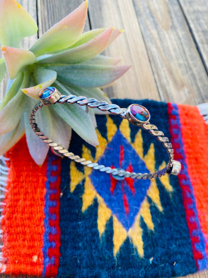HANDCRAFTED TWISTED STERLING SILVER & PINK DREAM MOHAVE BANGLE BRACELET