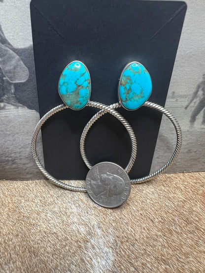 Twisted Rope Hoop Earrings with Turquoise Stone by Navajo Artist Verley Betone