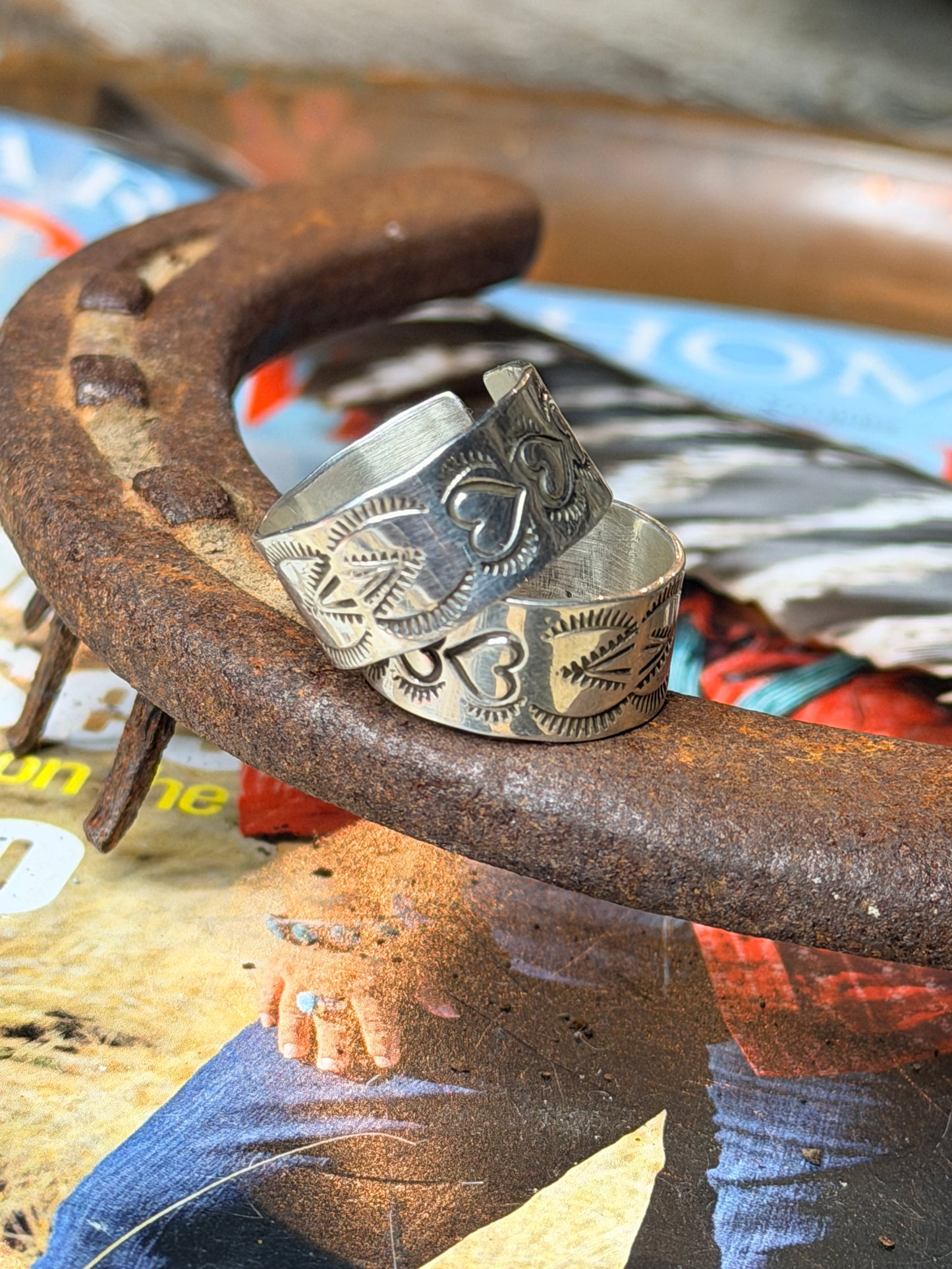 Navajo Made Freddy Platero Silver Heart Finger Band Cuff with Stone Adjustable
