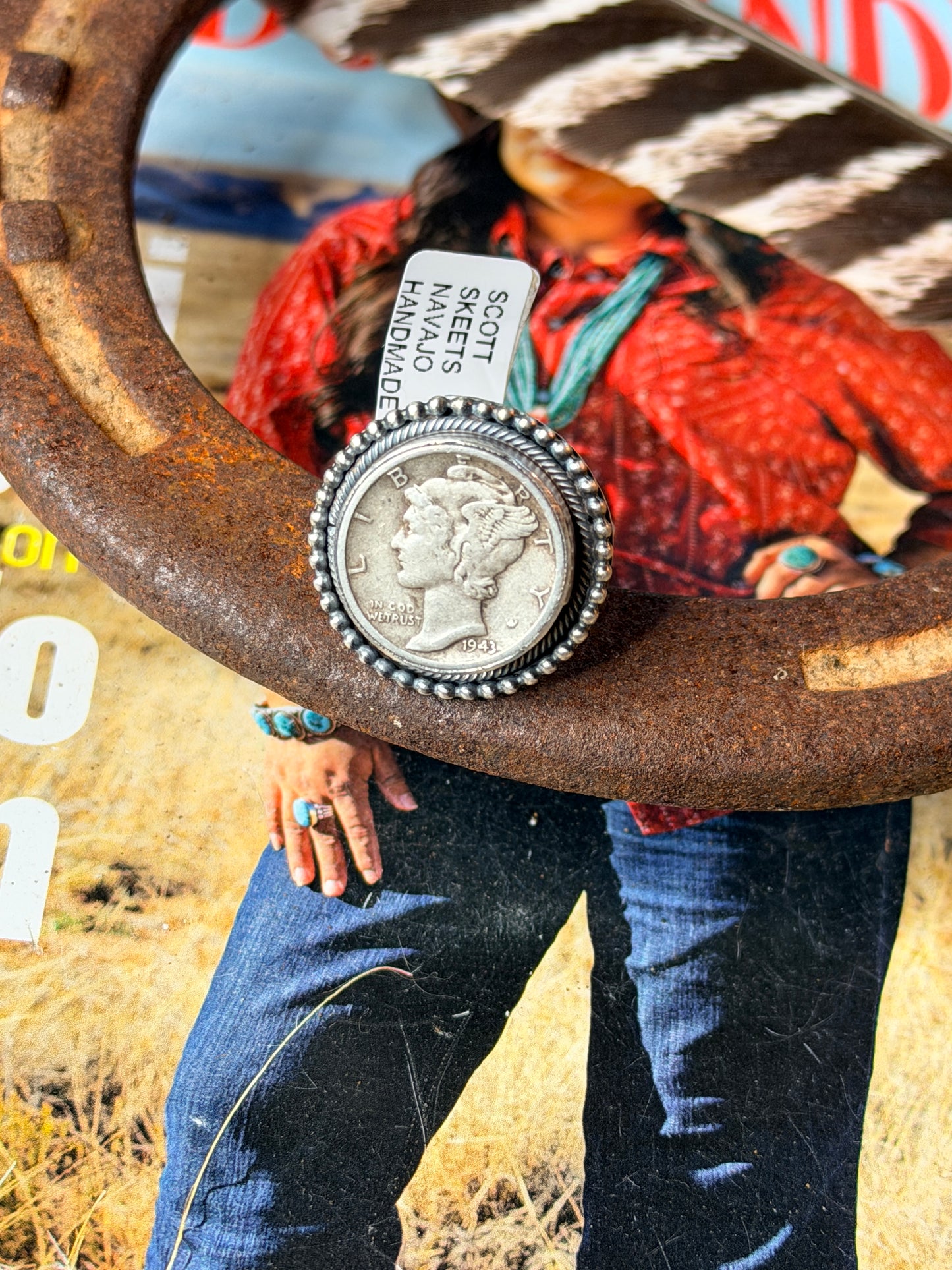Navajo Handmade Mercury Dime Adjustable Ring by Scott Skeets
