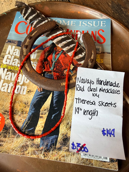 Navajo Handmade Red Coral Necklace 19” length by Theresa Skeets