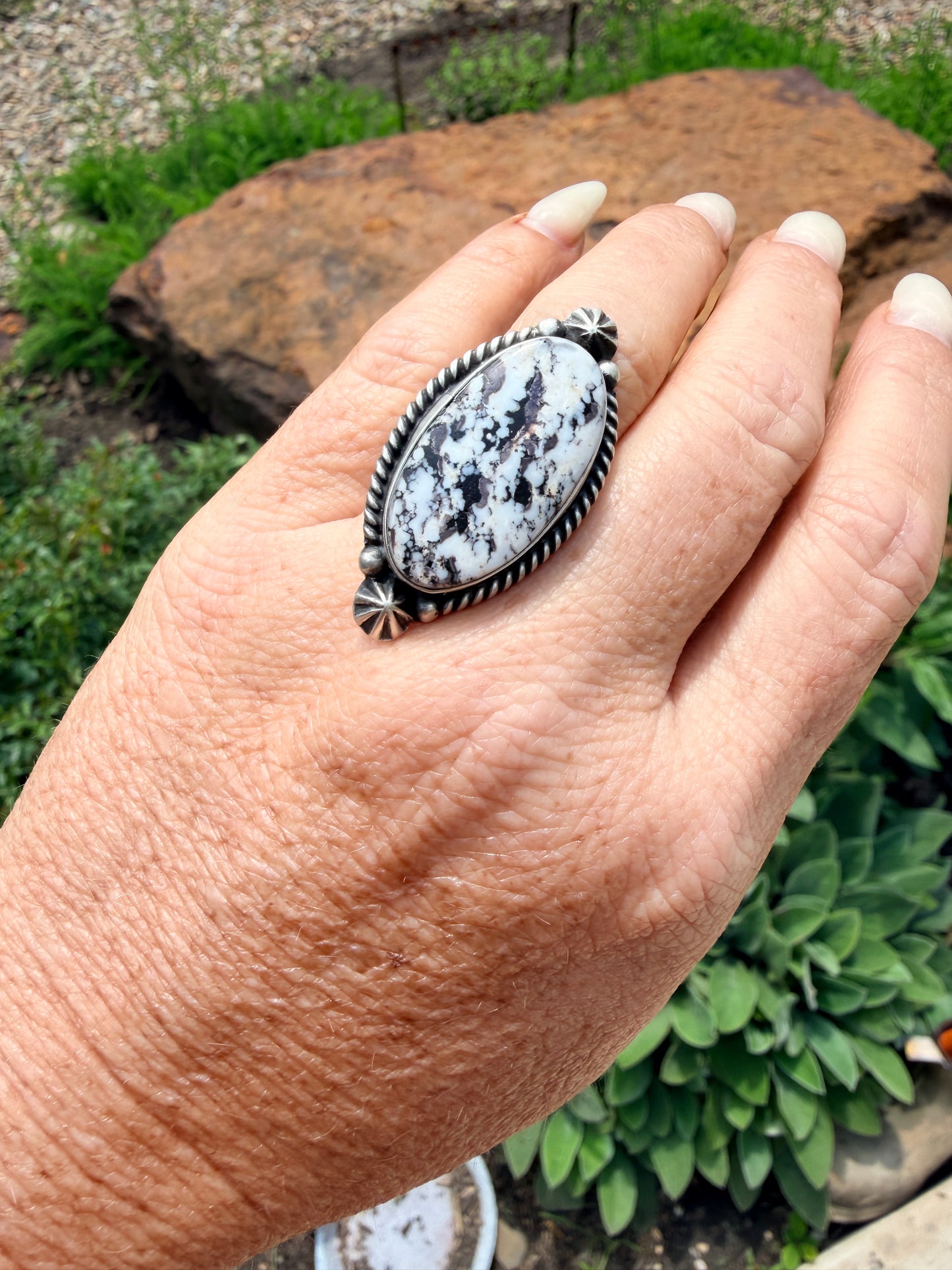 Native Made White Buffalo With Starburst and Rope Detail Adjustable Ring