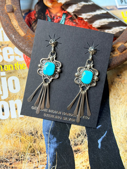 Native Made Square Kingman Turquoise with Concho Post Earrings by Delgarito