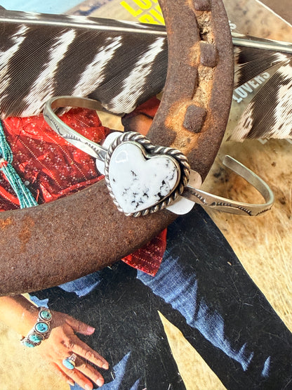 Donovan Skeets Navajo Handmade White Buffalo Heart Cuff