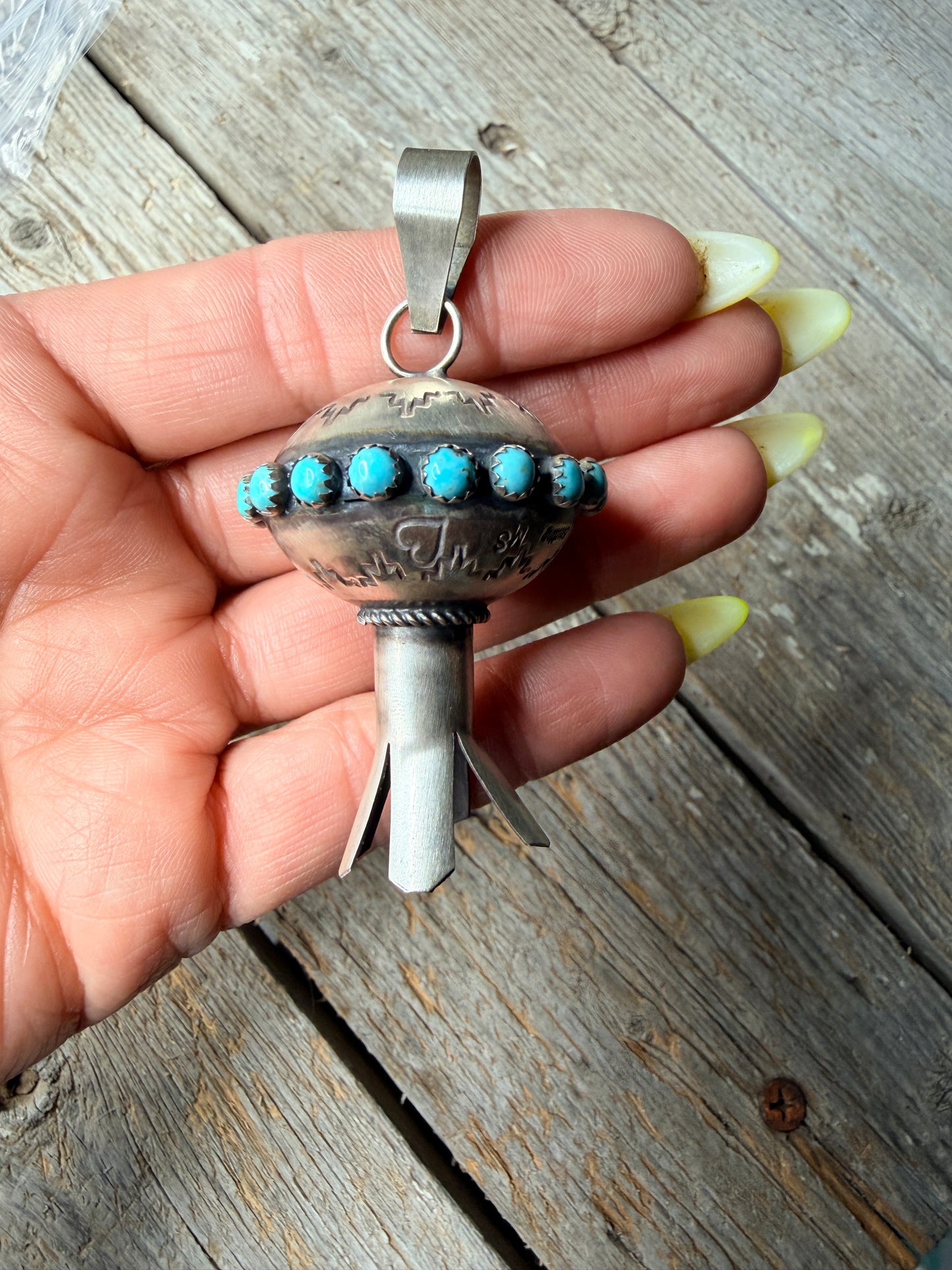 Giant Navajo Made Kingman Turquoise & Sterling Silver Blossom Pendant by Monica Smith