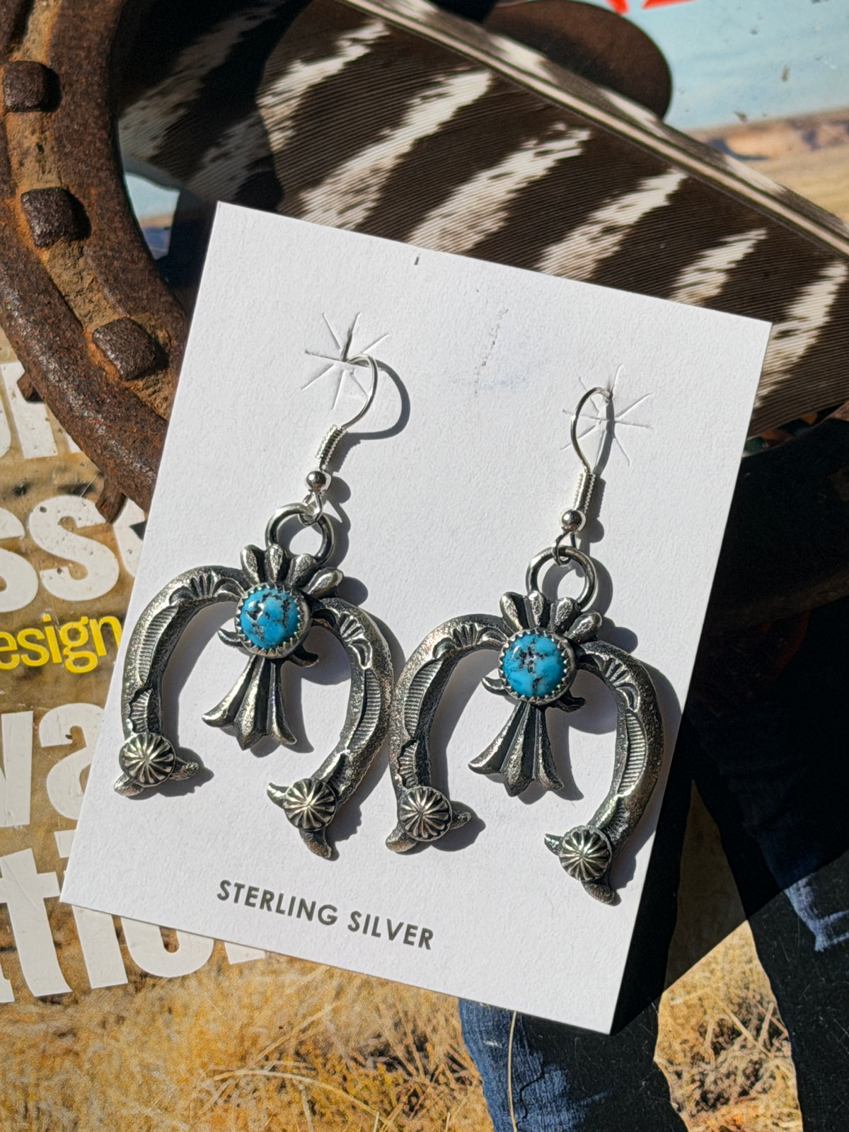 Native Made Naja Turquoise and Beautiful Hand Stamping Sterling Silver Earrings By EL Billah