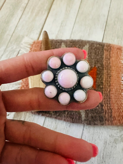 Native Made Queen Pink Conch Shell and Sterling Silver Cluster Ring Size 8.5