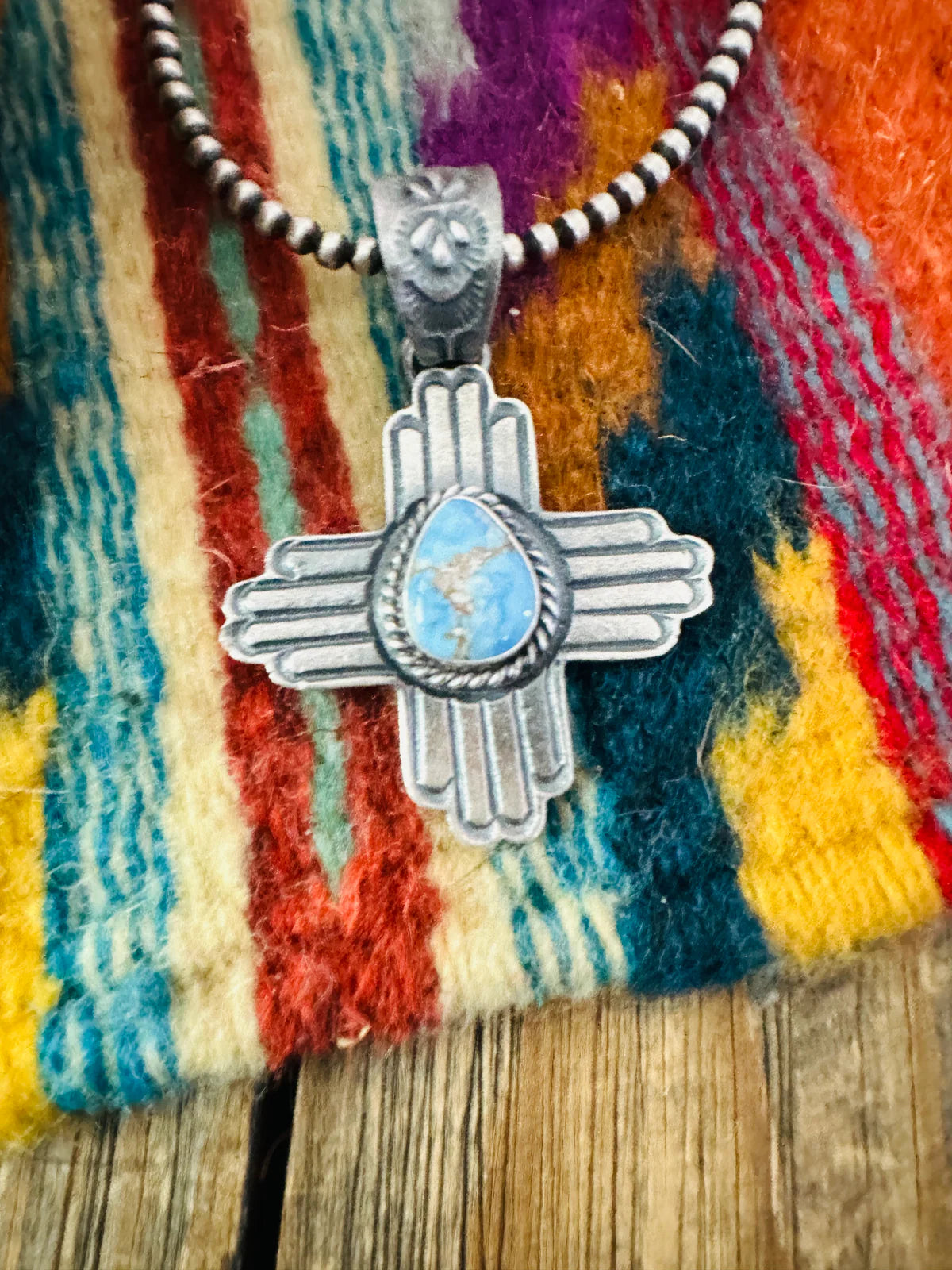 Authentic Navajo Golden Hills Turquoise and Sterling Silver Zia Cross Pendant by Kevin Billah