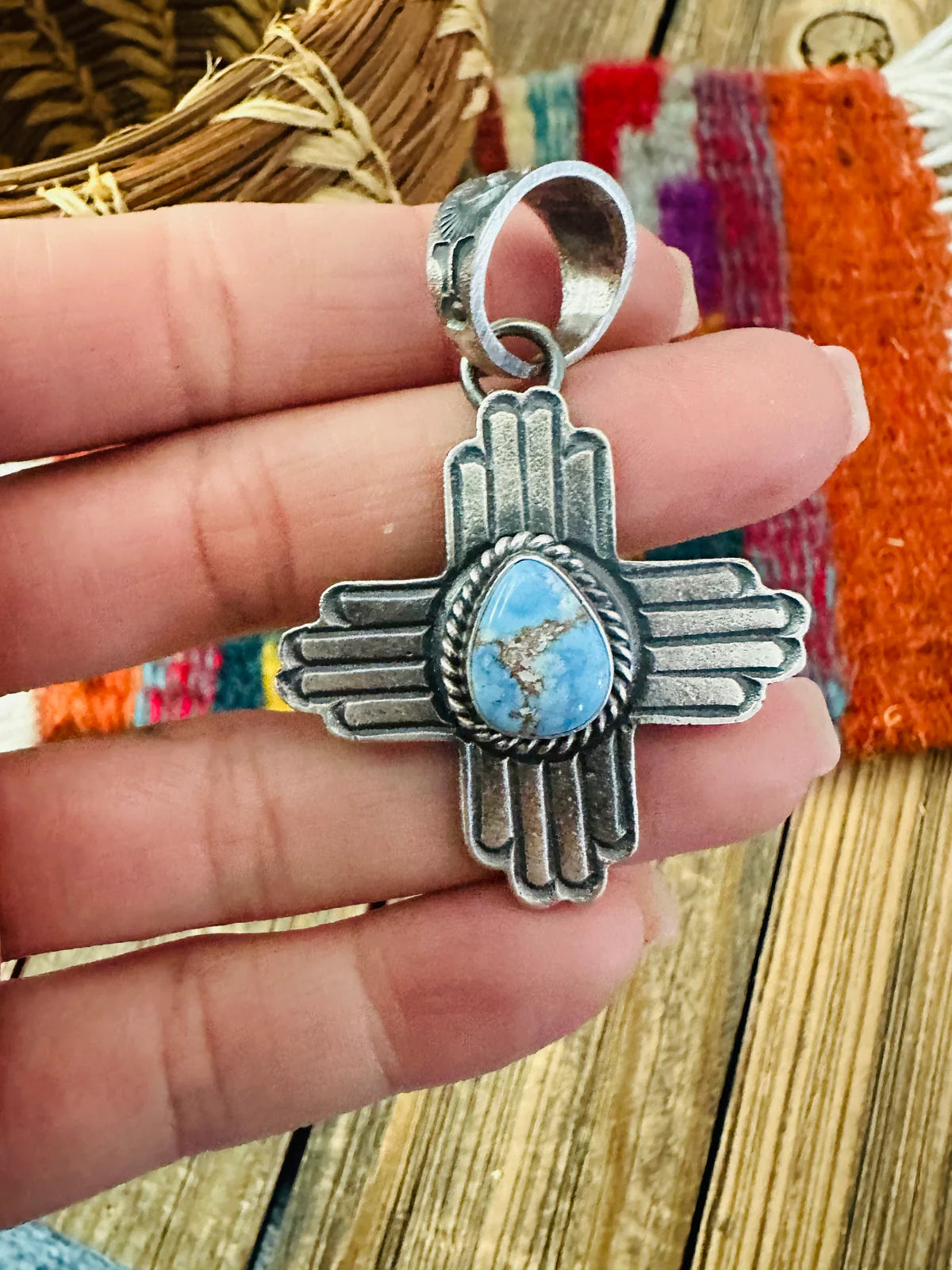 Authentic Navajo Golden Hills Turquoise and Sterling Silver Zia Cross Pendant by Kevin Billah