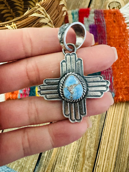 Authentic Navajo Golden Hills Turquoise and Sterling Silver Zia Cross Pendant by Kevin Billah