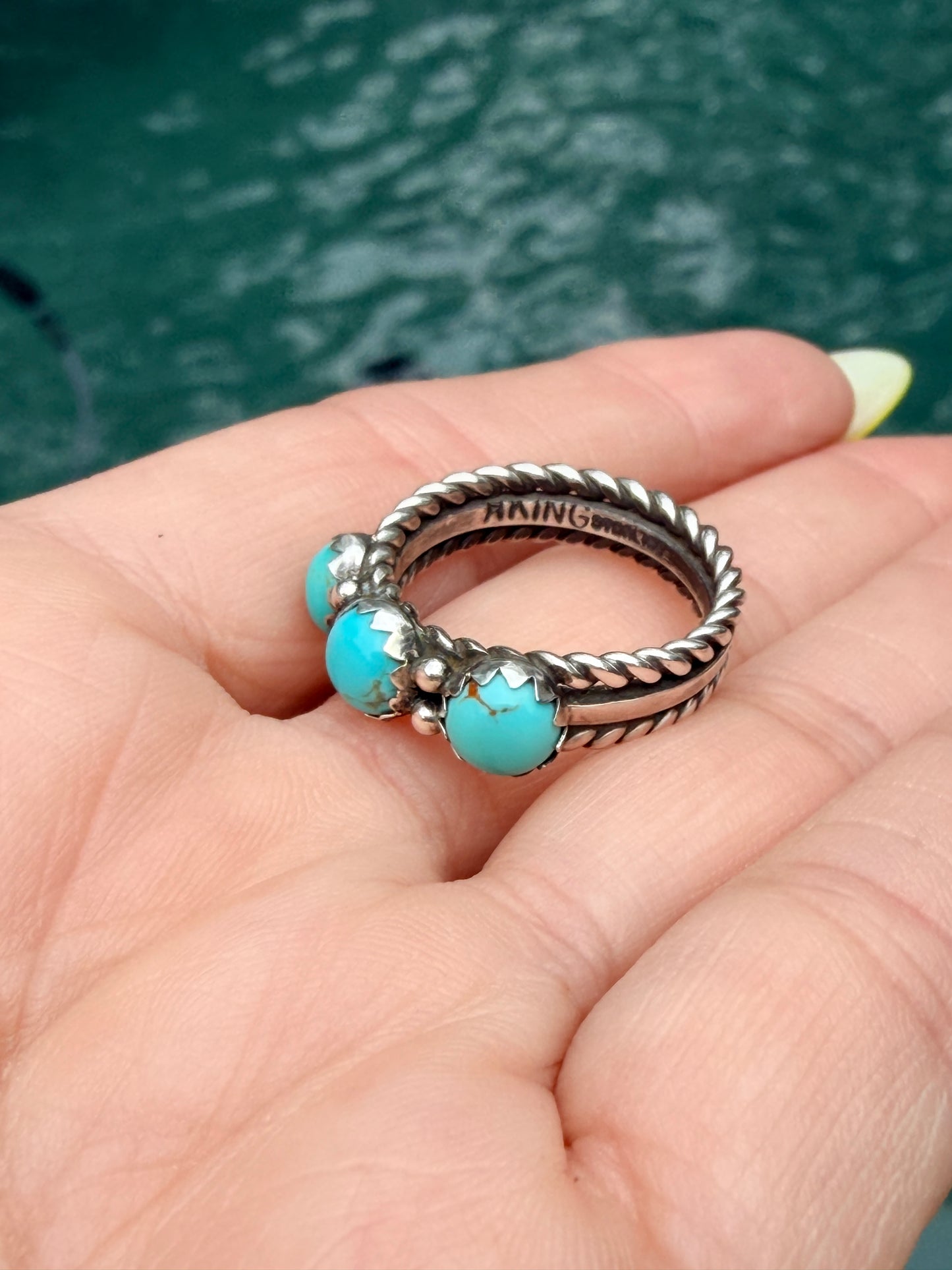 3 Stone Turquoise Ring with Rope Design by R King size 7
