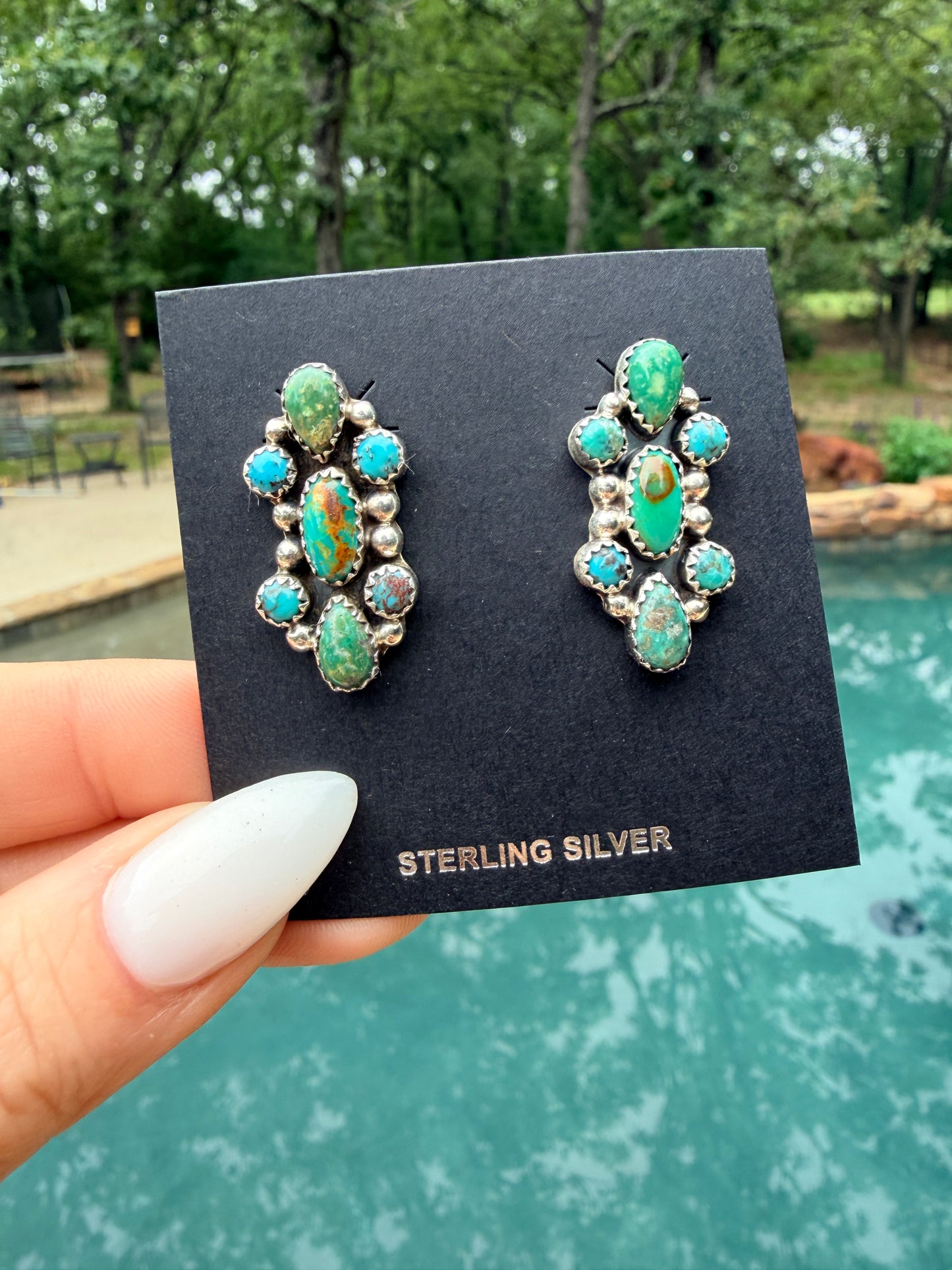Native Maxe by Pearline Spencer Kingman Turquoise & Sterling Silver Post Dangle Cluster Earrings