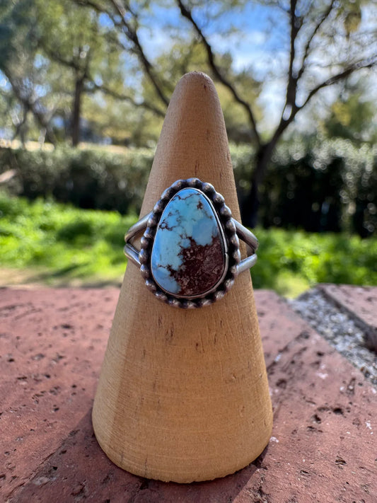 Authentic Navajo Teardrop Golden Hills Turquoise and Sterling Silver Ring, Size 7.25