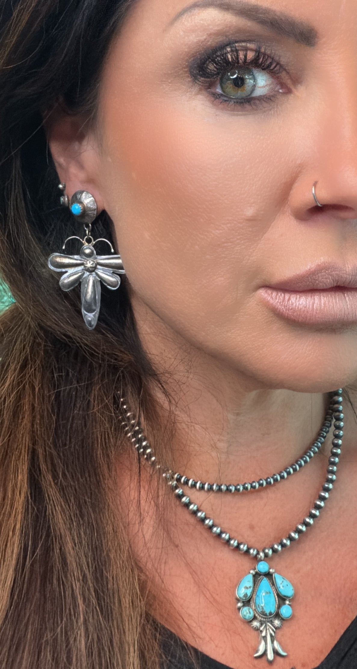Native Made Kingman Turquoise and Sterling Silver Dragonfly Dangle Earrings by Yazzie