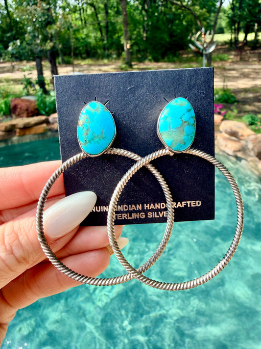 Twisted Rope Hoop Earrings with Turquoise Stone by Navajo Artist Verley Betone