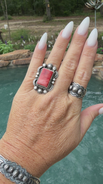 Native Made Red Spiny Oyster, Beautiful Detailed Stamping, Sterling Silver Ring by Benny Ramone Size 7