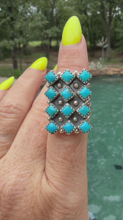 Authentic Native Made 12 Diamond Shaped Kingman Turquoise Stone Ring by Verley Betone size 7