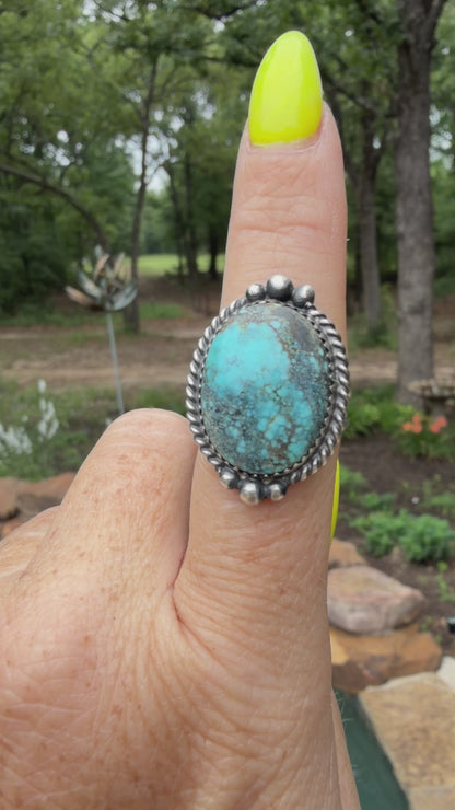 Native American Sterling Silver Spider Web Turquoise Ring By Charlie Yazzie . Ring size: 7